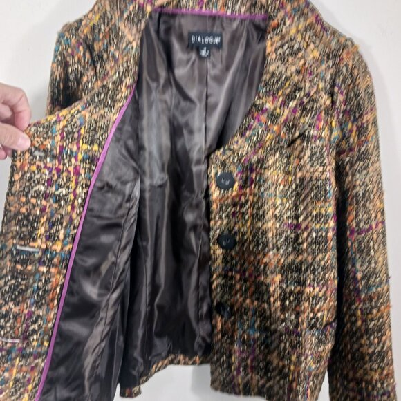 Dialogue SZ 14 Tweed Jacket Long Sleeve Button Front Brown/Green/Burgundy/Cream - Picture 9 of 16